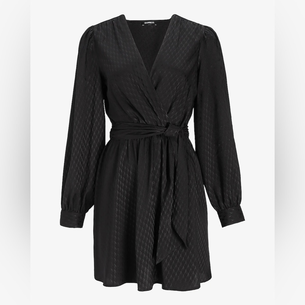 Express Jacquard Satin Tie Waist Long Sleeve Mini Dress